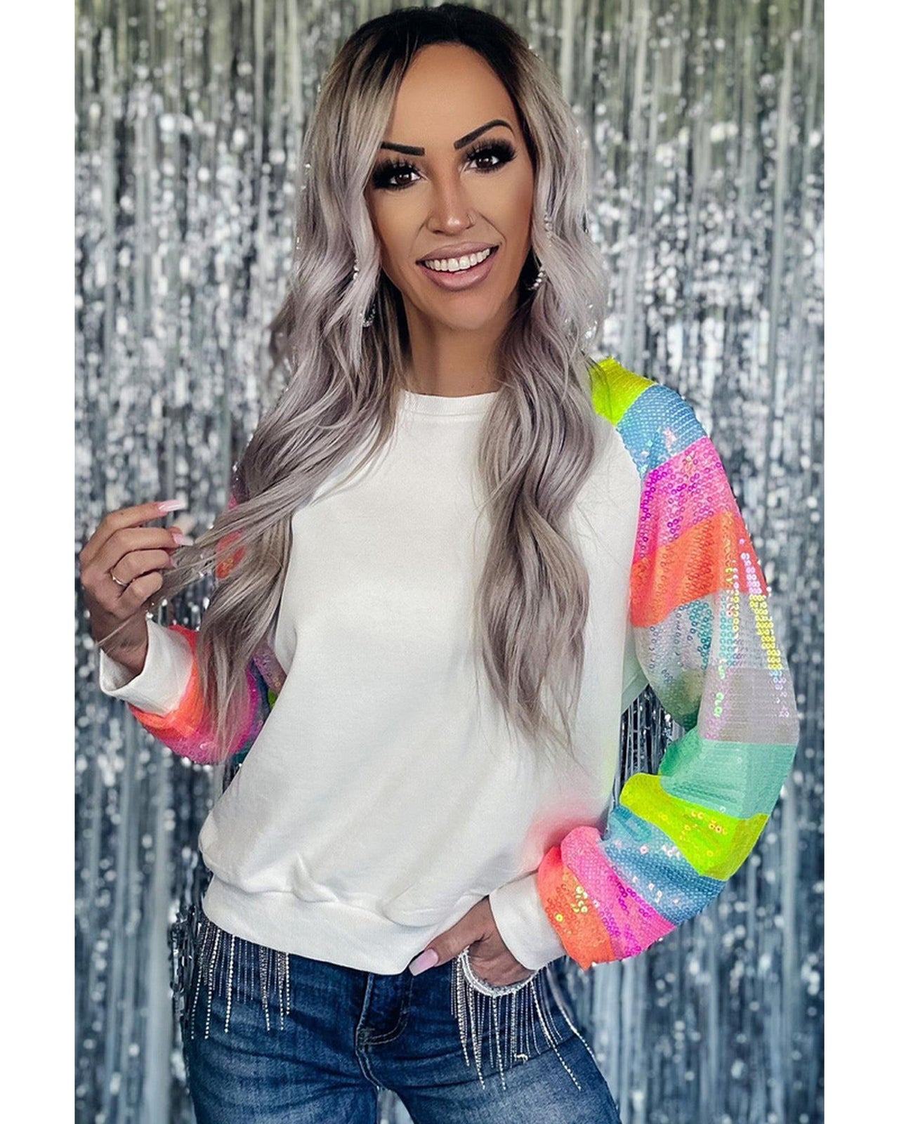 Azura Exchange Color Block Sequin Raglan Sleeve Sweatshirt - L