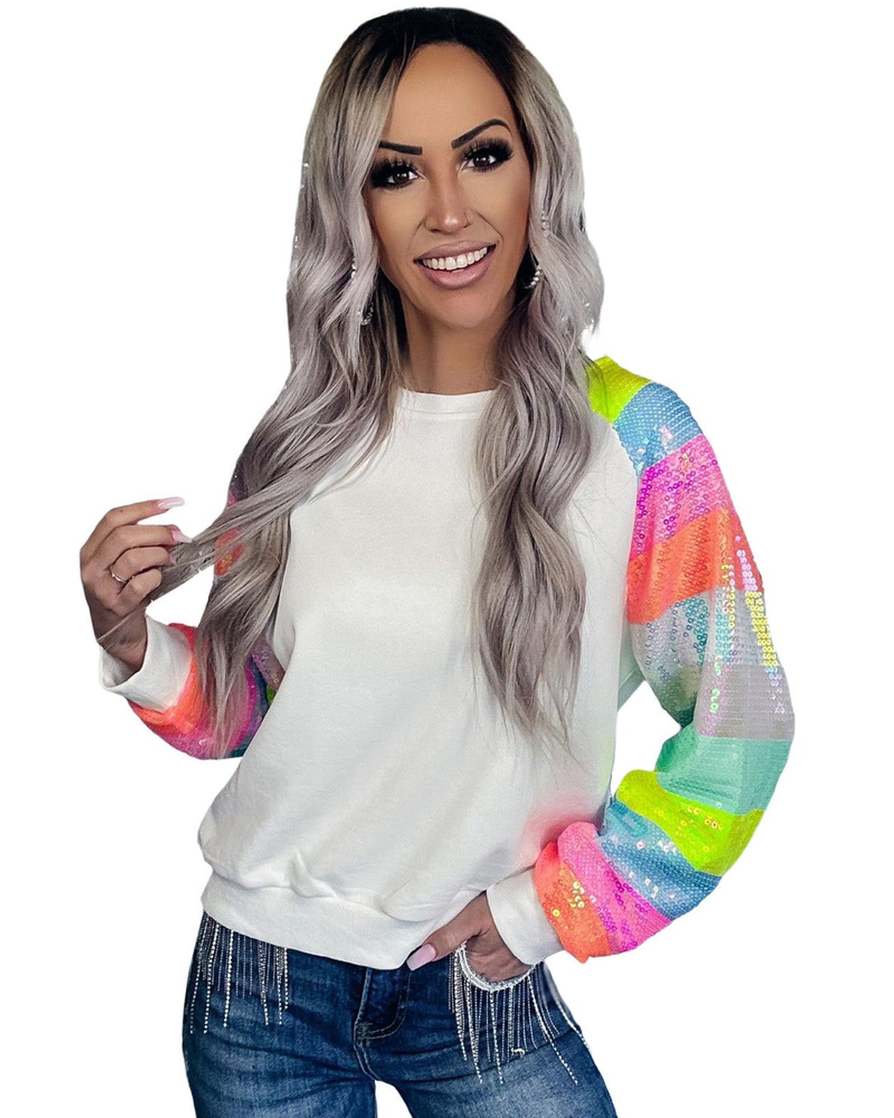 Azura Exchange Color Block Sequin Raglan Sleeve Sweatshirt - L