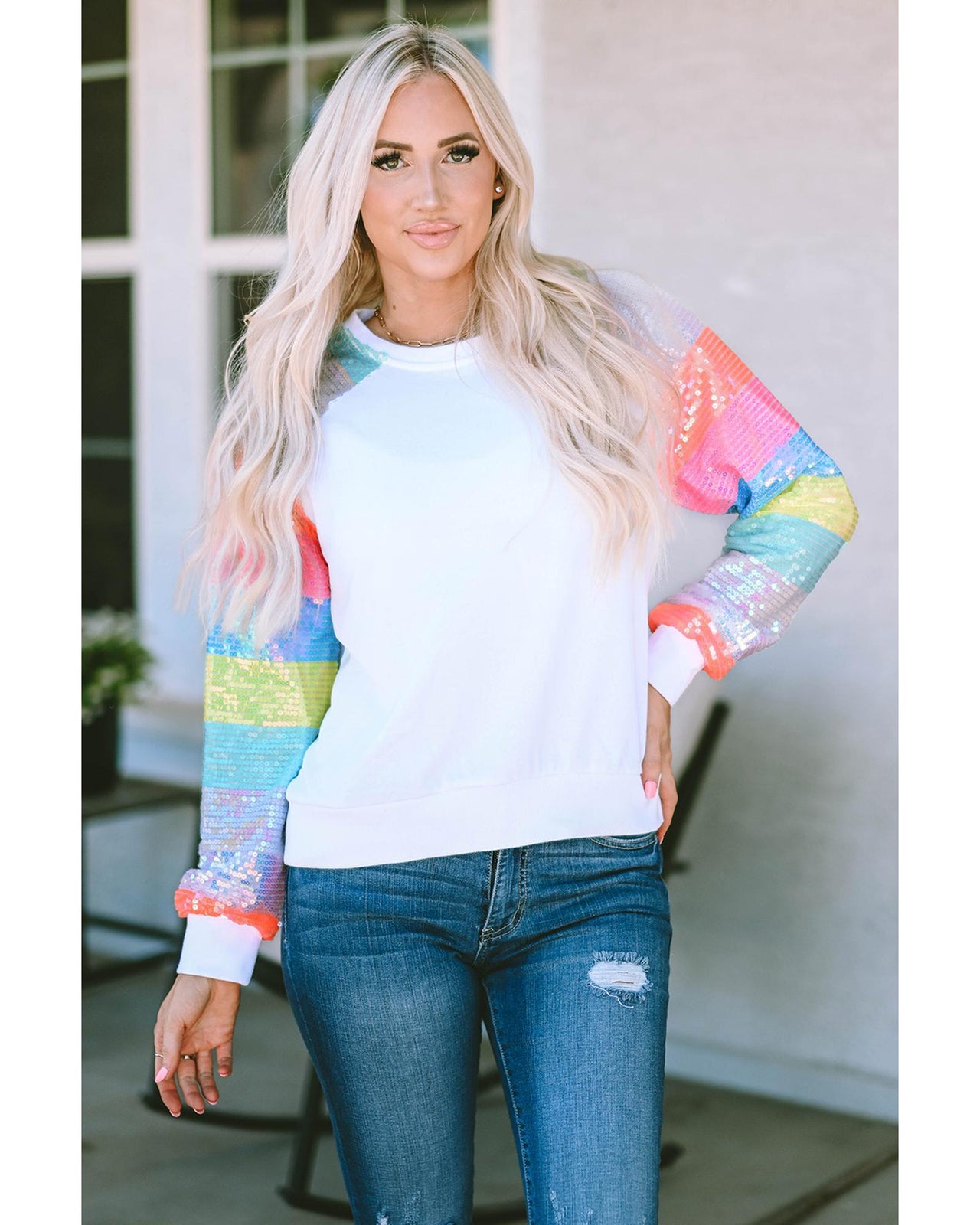 Azura Exchange Color Block Sequin Raglan Sleeve Sweatshirt - L