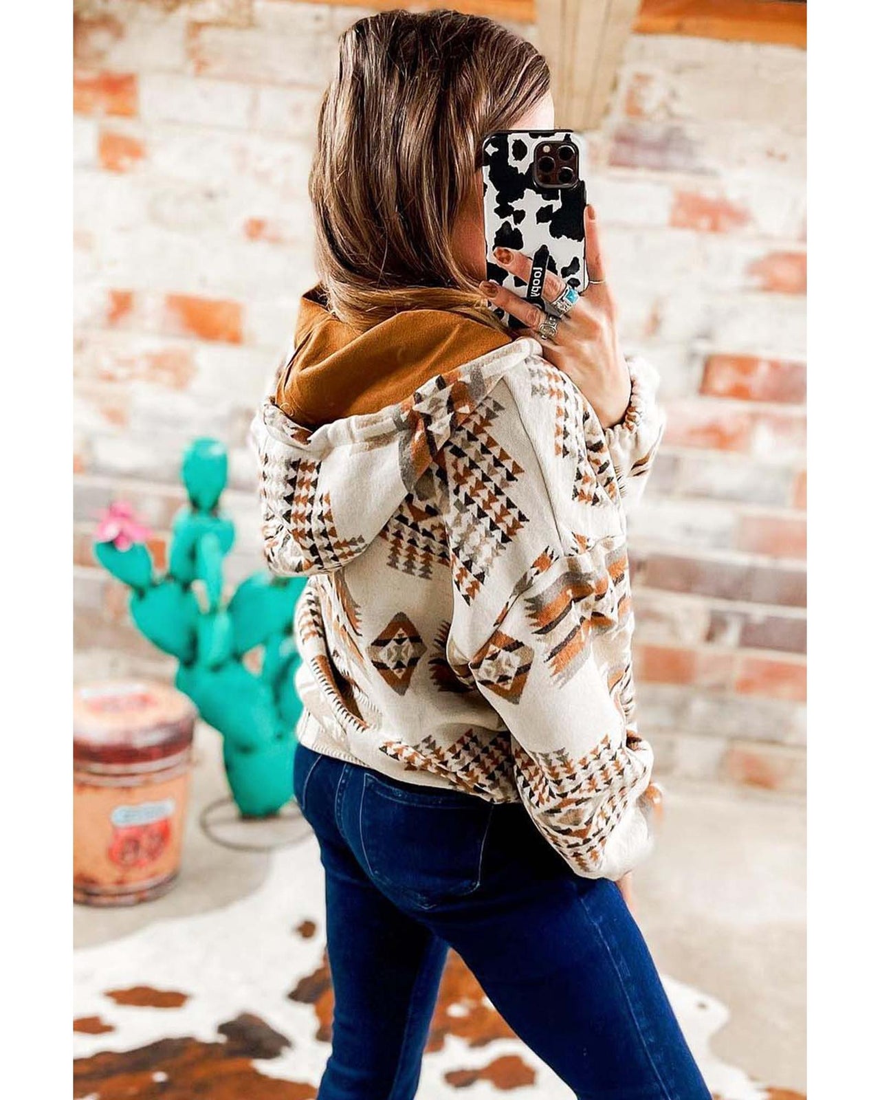 Azura Exchange Beige Aztec Print Half-Zip Hoodie with Kangaroo Pocket - L