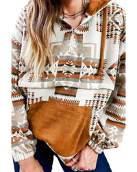 Thumbnail for Azura Exchange Beige Aztec Print Half-Zip Hoodie with Kangaroo Pocket - L