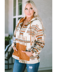 Thumbnail for Azura Exchange Beige Aztec Print Half-Zip Hoodie with Kangaroo Pocket - L