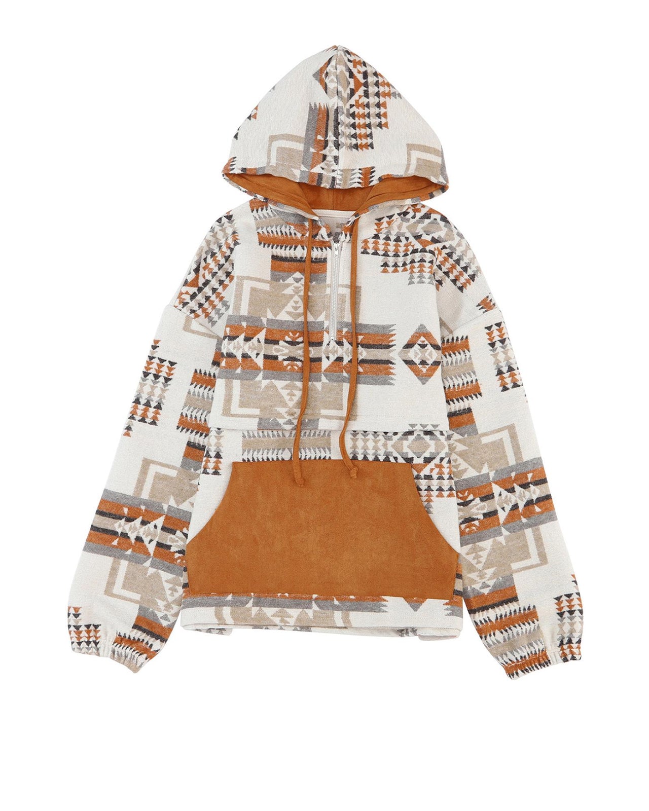 Azura Exchange Beige Aztec Print Half-Zip Hoodie with Kangaroo Pocket - L