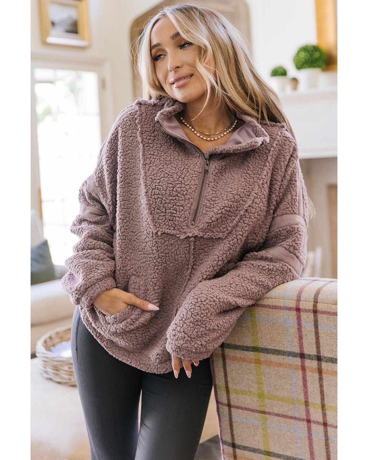 Azura Exchange Dusty Pink Collared Half Zip Fluffy Sweatshirt - L