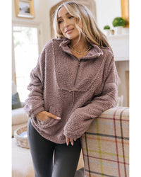 Thumbnail for Azura Exchange Dusty Pink Collared Half Zip Fluffy Sweatshirt - L