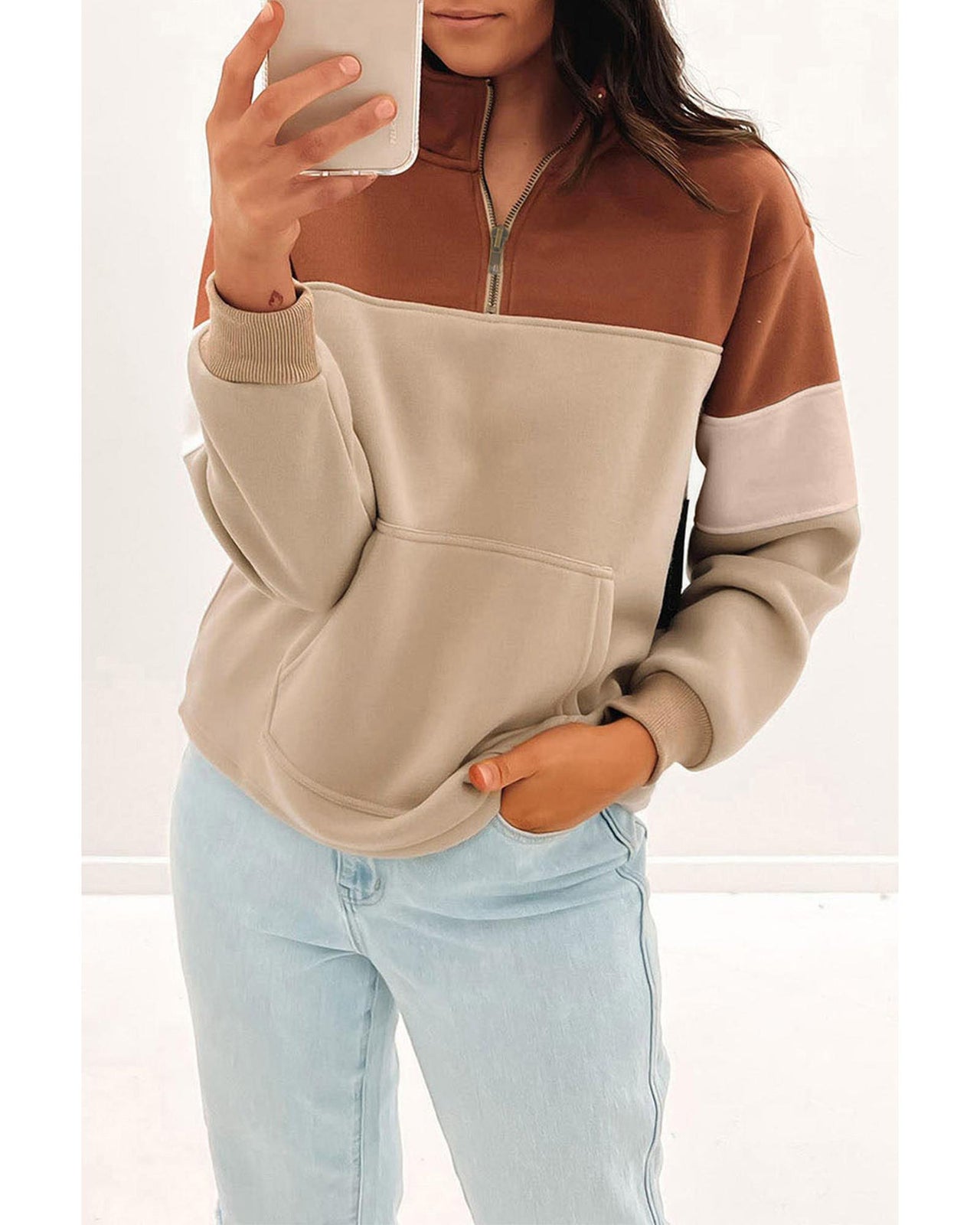 Azura Exchange Color Block Zip Mock Neck Pocketed Sweatshirt - L