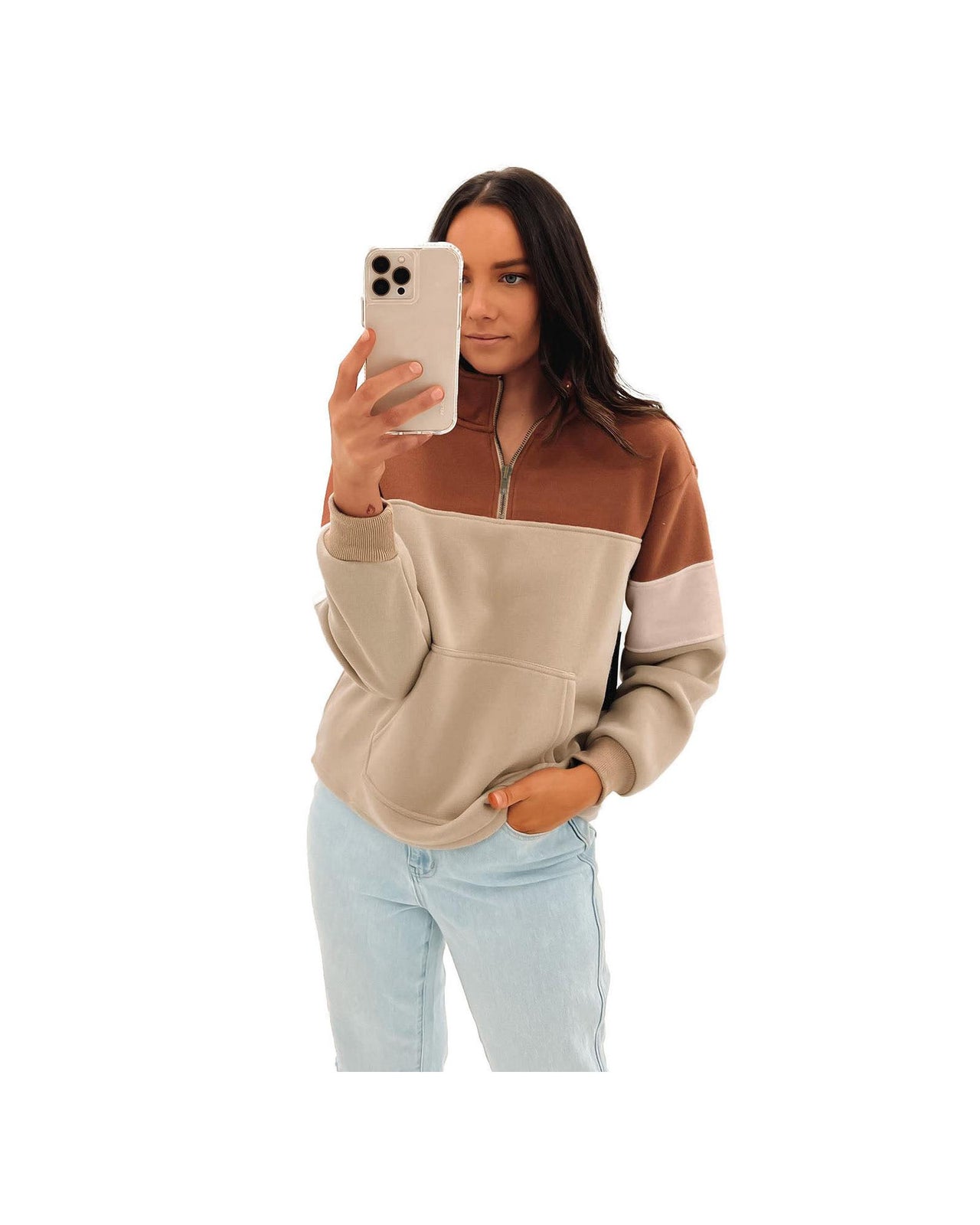 Azura Exchange Color Block Zip Mock Neck Pocketed Sweatshirt - L