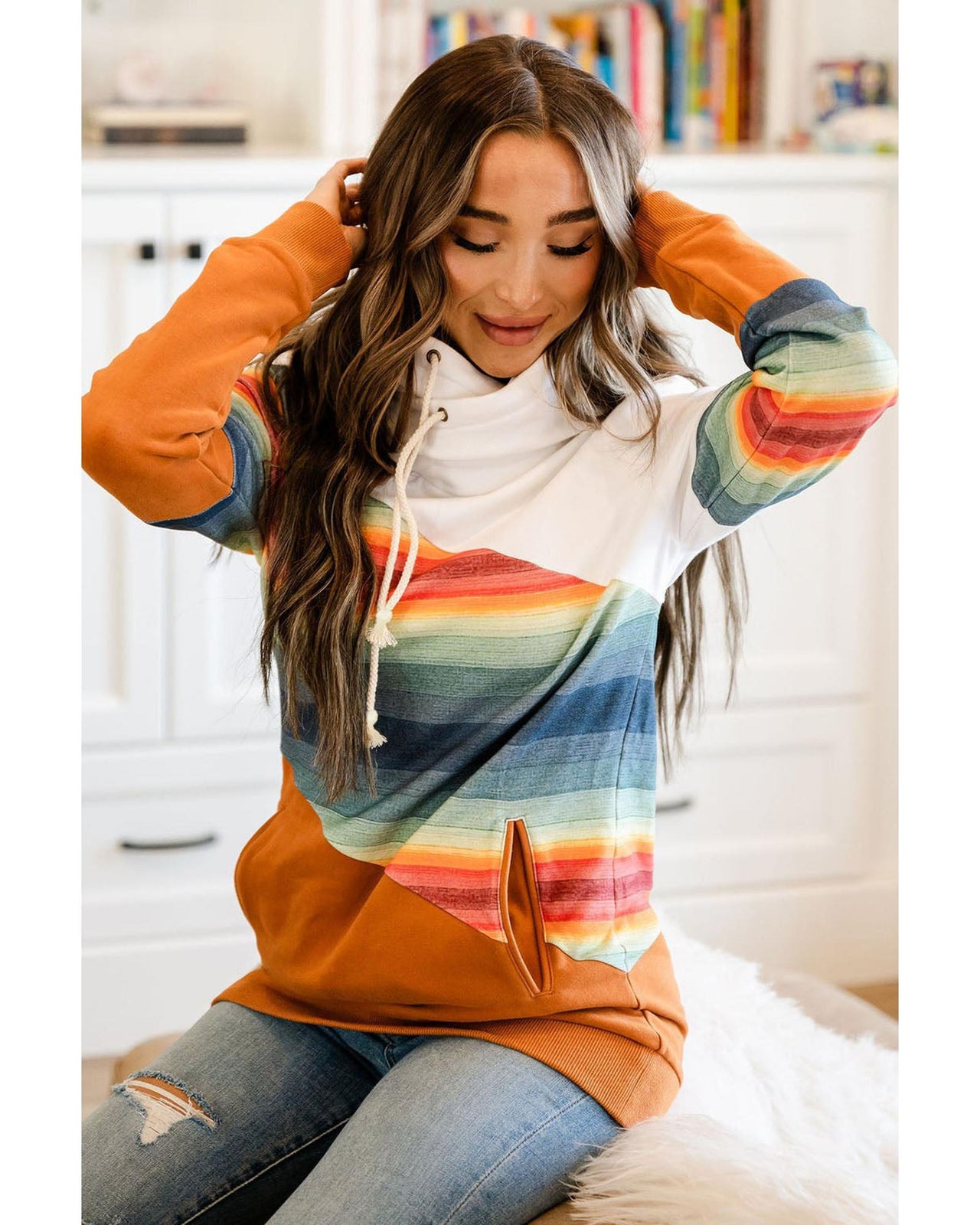 Azura Exchange Striped Colorblock Pocketed Hoodie - M