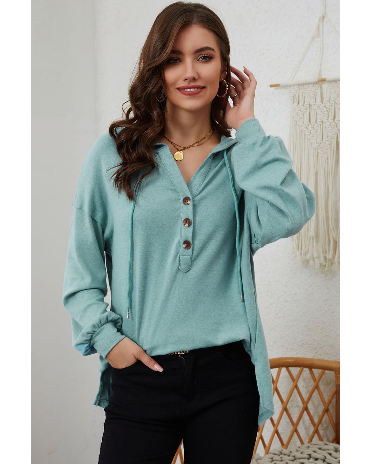 Azura Exchange High and Low Hem Hoodie with Buttoned Detail - XL