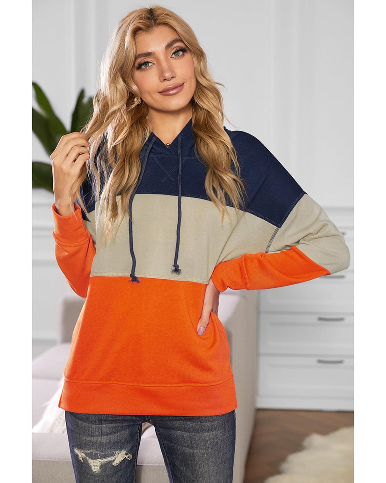 Azura Exchange Color Block Stripe Hoodie with Drawstring - L