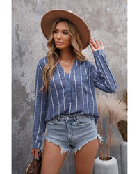 Thumbnail for Azura Exchange Striped V Neck Pocket Long Sleeve Top - L