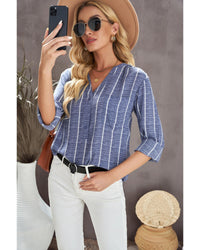 Thumbnail for Azura Exchange Striped V Neck Pocket Long Sleeve Top - L