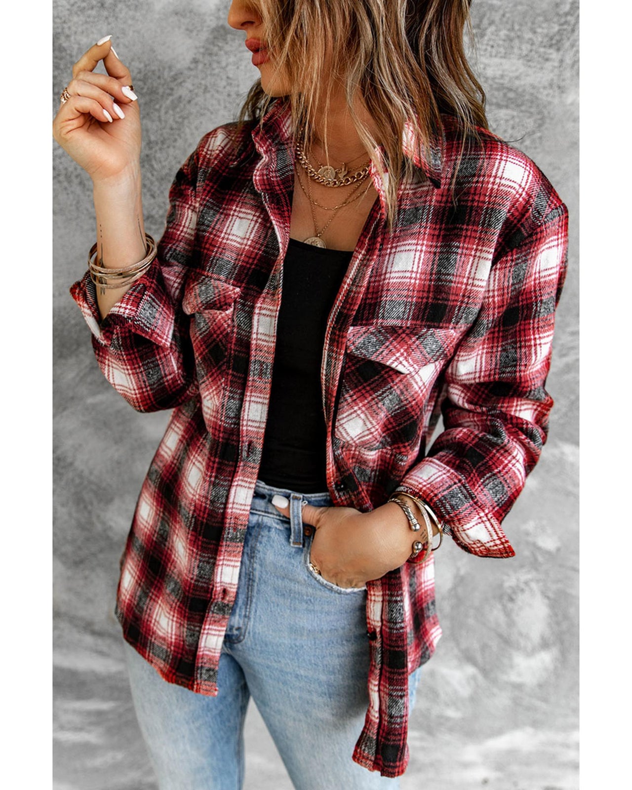 Azura Exchange Plaid Shacket with Buttons Pockets - L