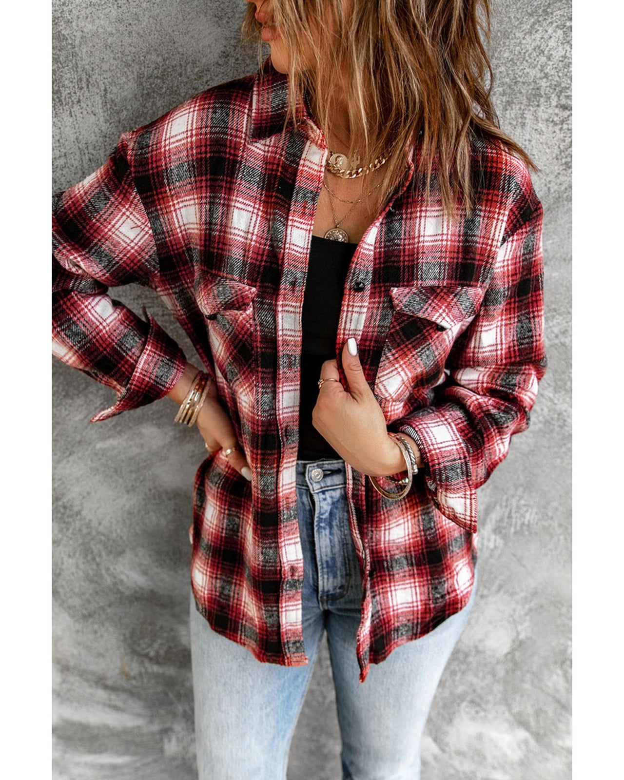 Azura Exchange Plaid Shacket with Buttons Pockets - L