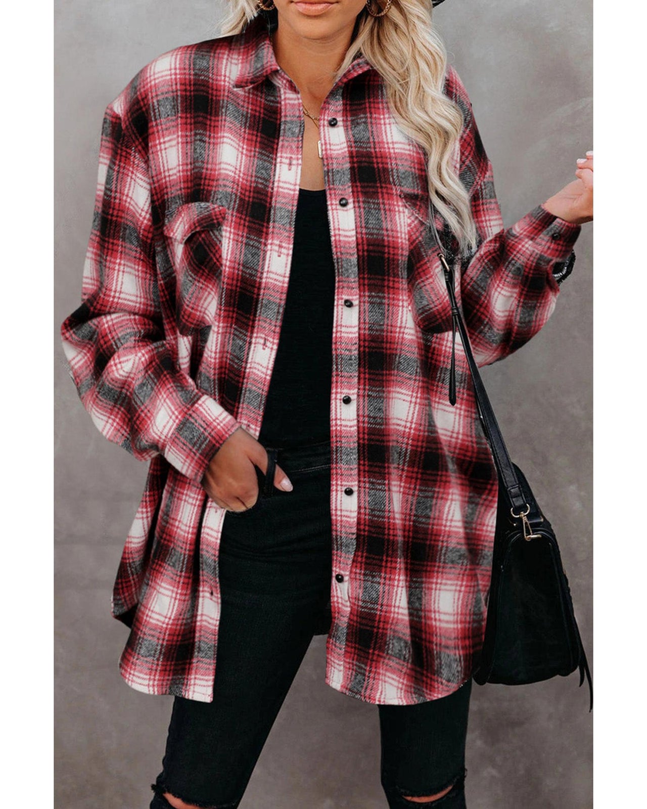 Azura Exchange Plaid Shacket with Buttons Pockets - L