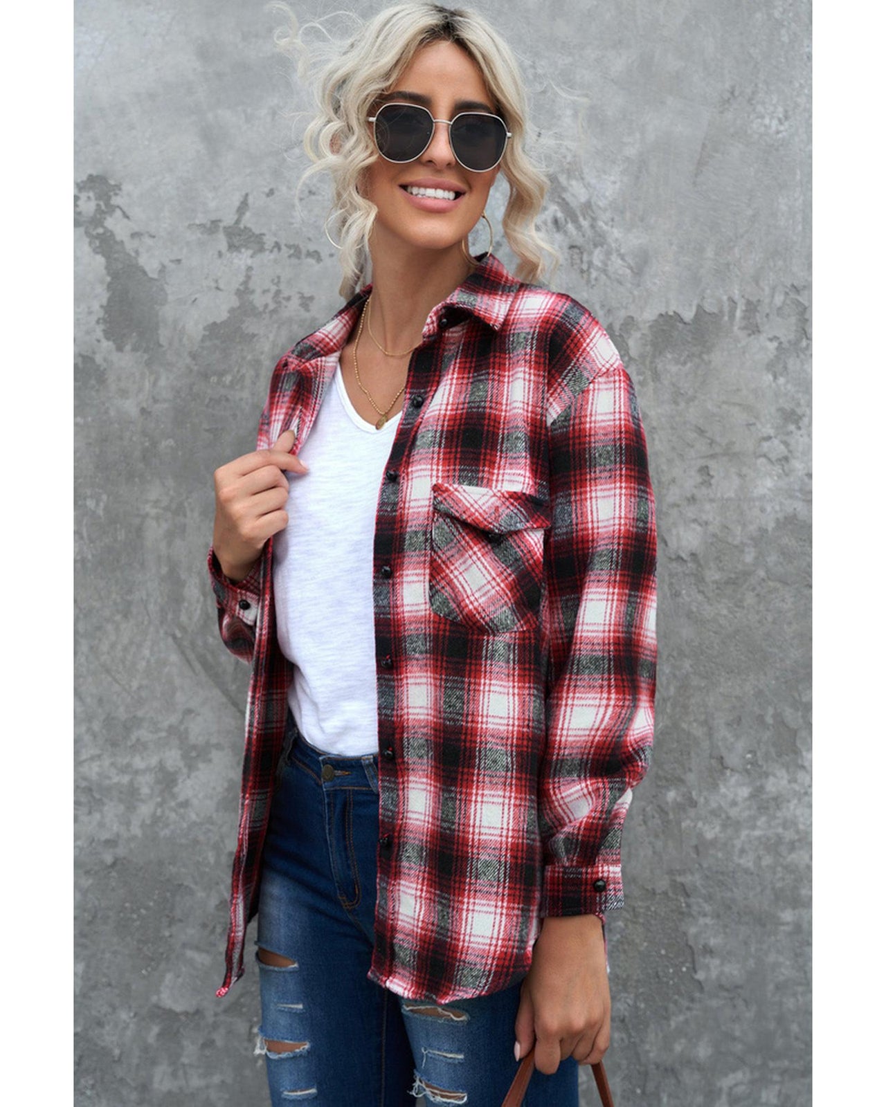 Azura Exchange Plaid Shacket with Buttons Pockets - L