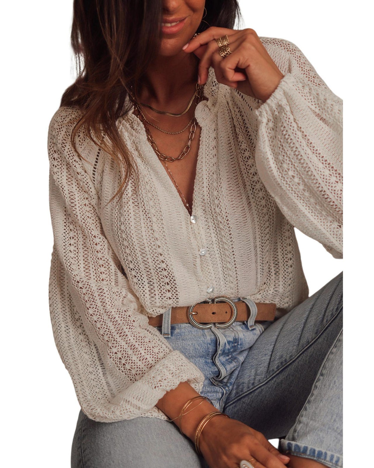 Azura Exchange Long Sleeve Button Up Lace Shirt - XL