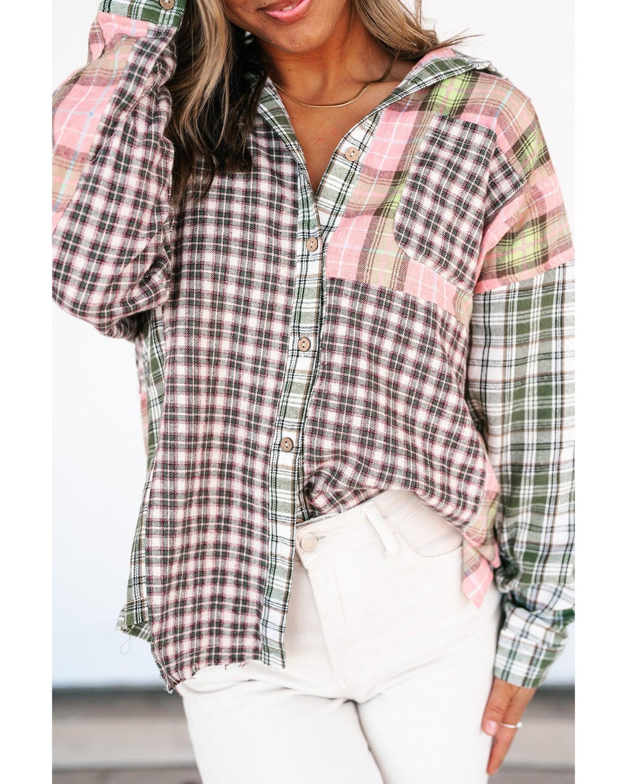 Azura Exchange Plaid Patchwork High Low Oversized Shirt - L