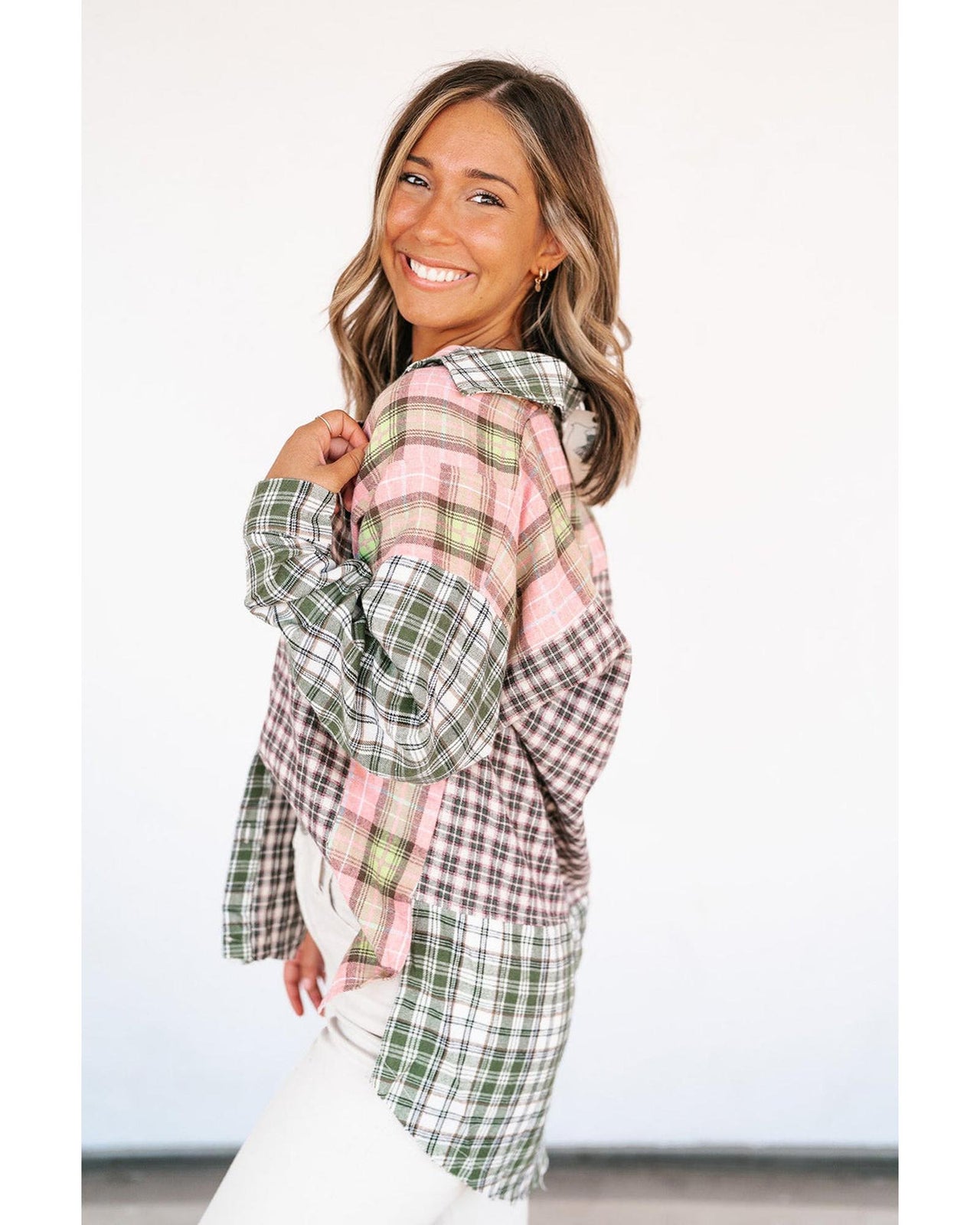 Azura Exchange Plaid Patchwork High Low Oversized Shirt - L