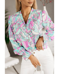 Thumbnail for Azura Exchange Floral Print V-Neck Shirt with Ruffle Lapel - L