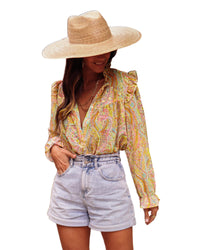 Thumbnail for Azura Exchange Paisley Print Ruffled Trim Boho Shirt - L