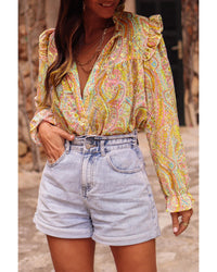 Thumbnail for Azura Exchange Paisley Print Ruffled Trim Boho Shirt - L