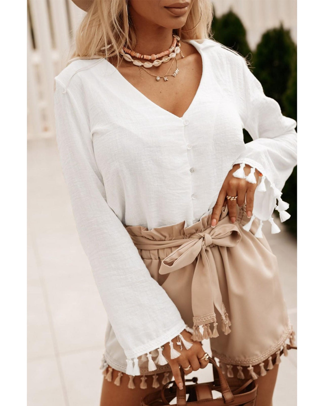 Azura Exchange White Buttoned Tassel Bell Sleeve Shirt - L