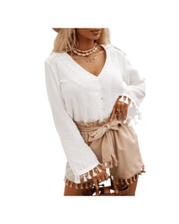 Thumbnail for Azura Exchange White Buttoned Tassel Bell Sleeve Shirt - L