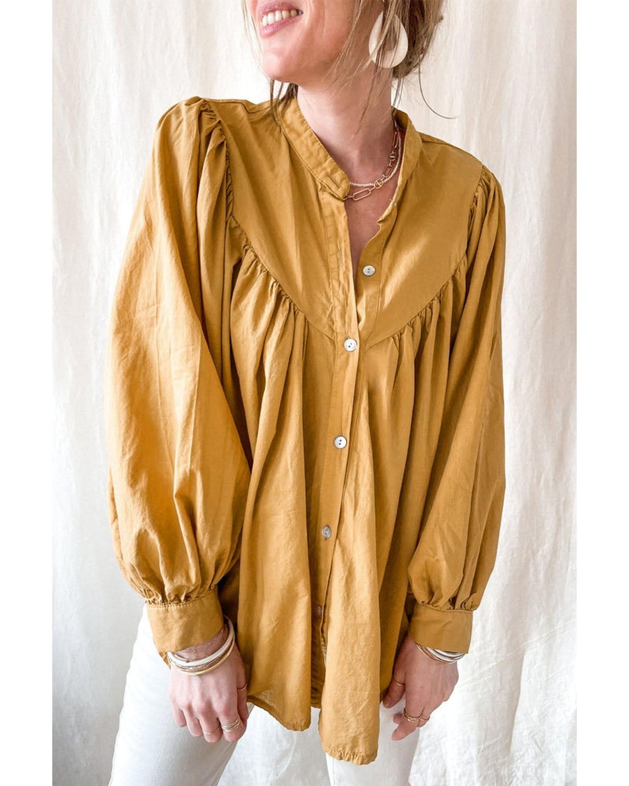 Azura Exchange Pleated Yellow Puff Sleeve Loose Shirt - XL