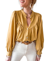 Thumbnail for Azura Exchange Pleated Yellow Puff Sleeve Loose Shirt - XL