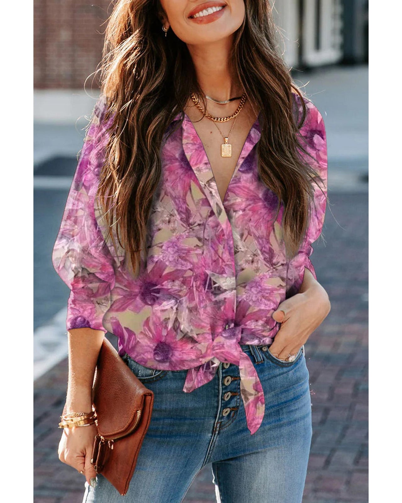 Azura Exchange Floral Print Button Up Puff Sleeve Shirt - L