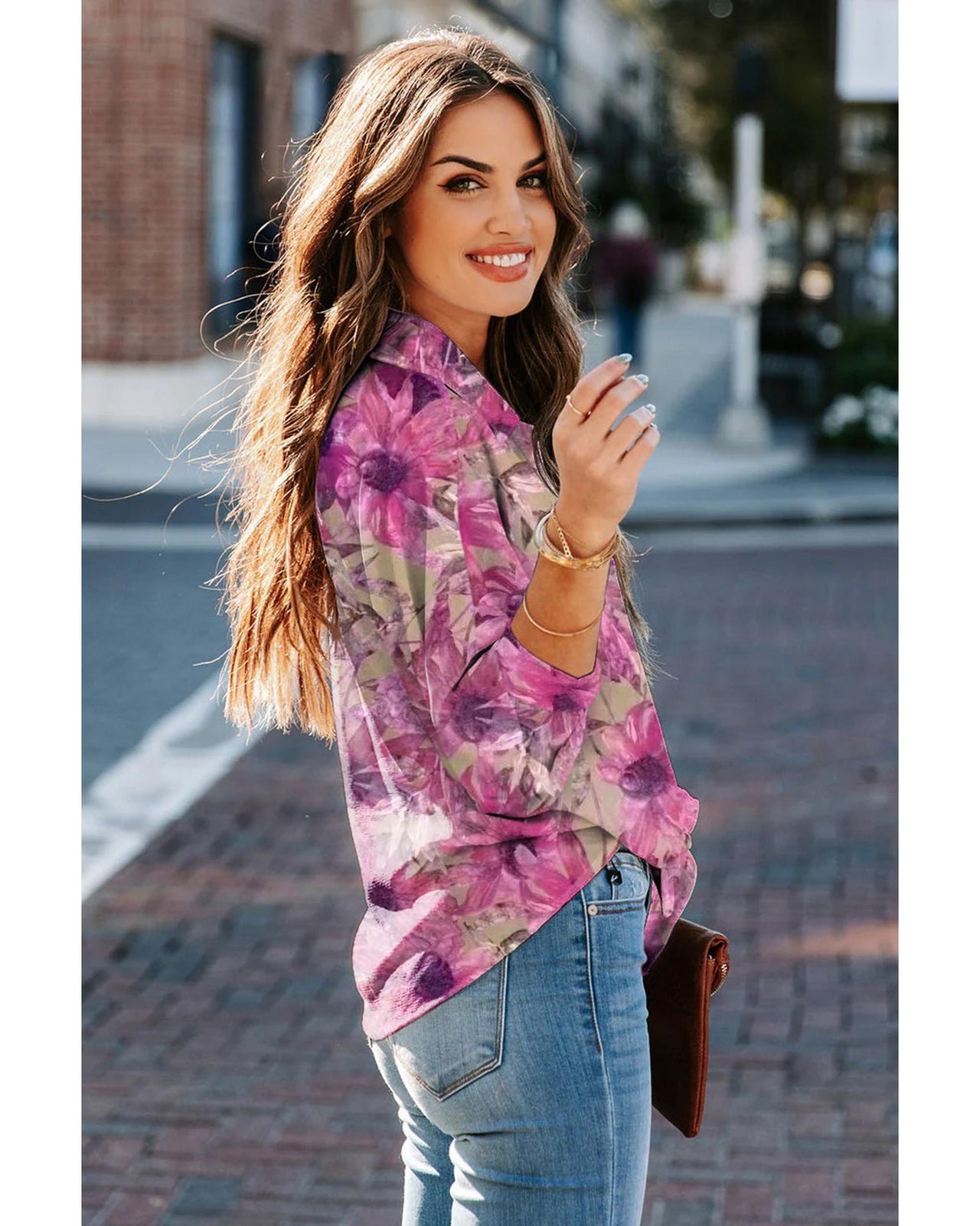 Azura Exchange Floral Print Button Up Puff Sleeve Shirt - M