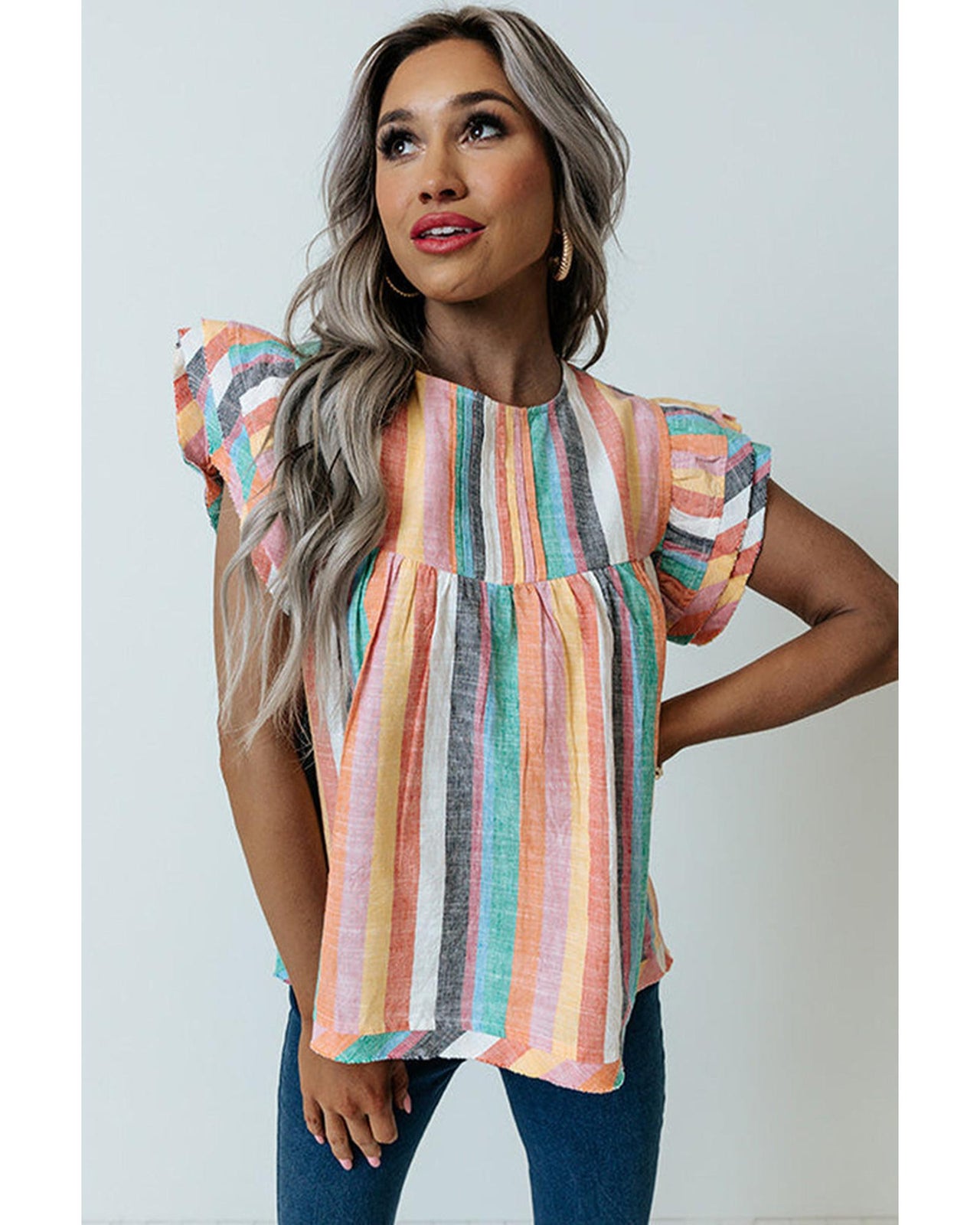 Azura Exchange Striped Tiered Ruffle Cap Sleeve Top - L