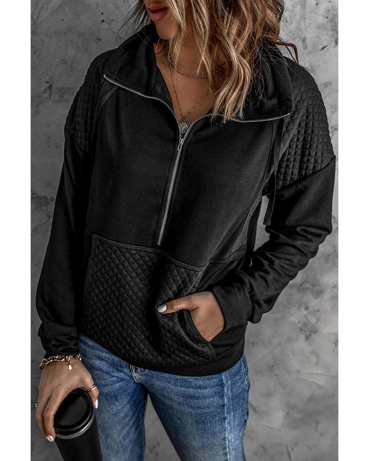 Azura Exchange Quilted Patch Half Zipper Sweatshirt - S