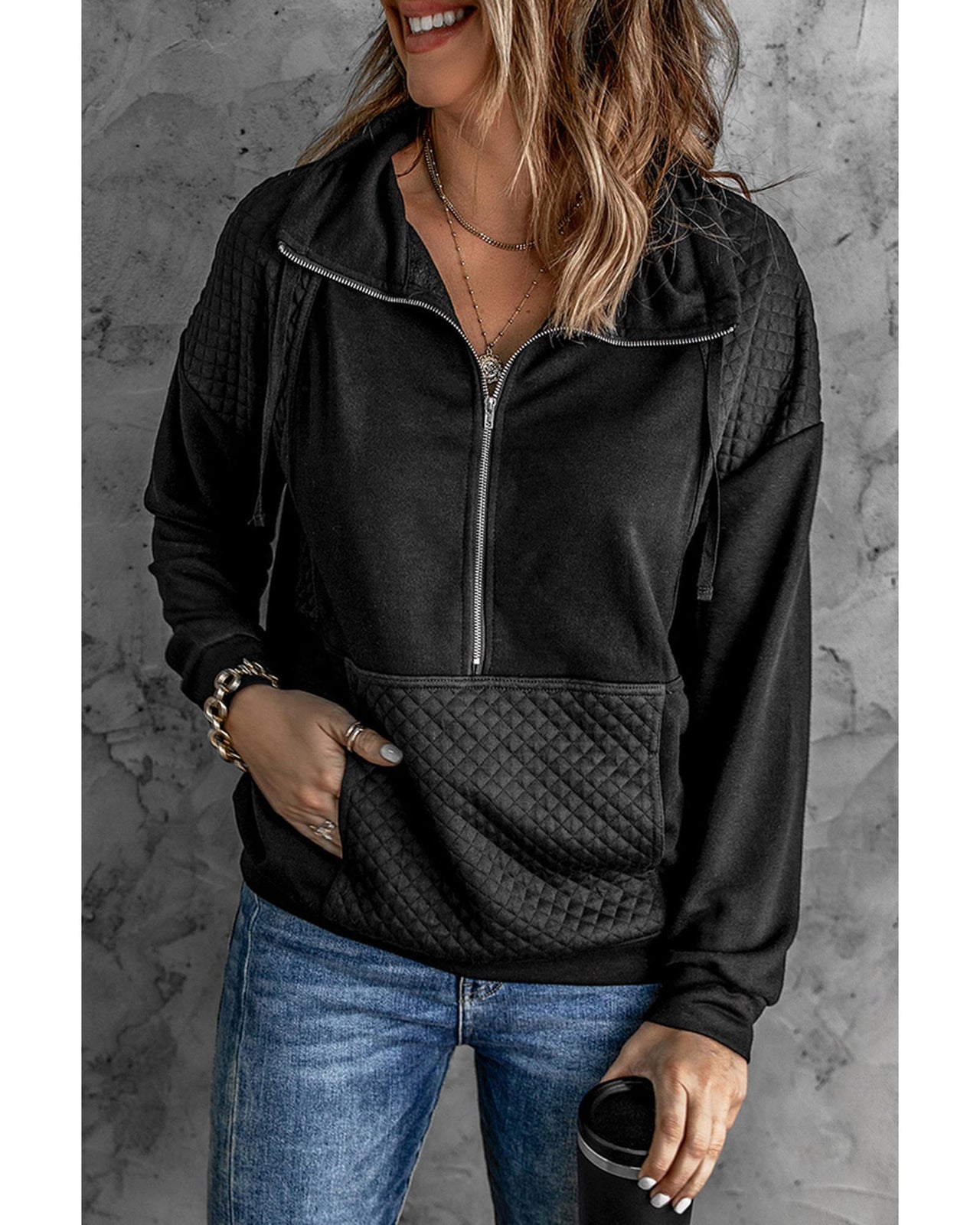 Azura Exchange Quilted Patch Half Zipper Sweatshirt - S