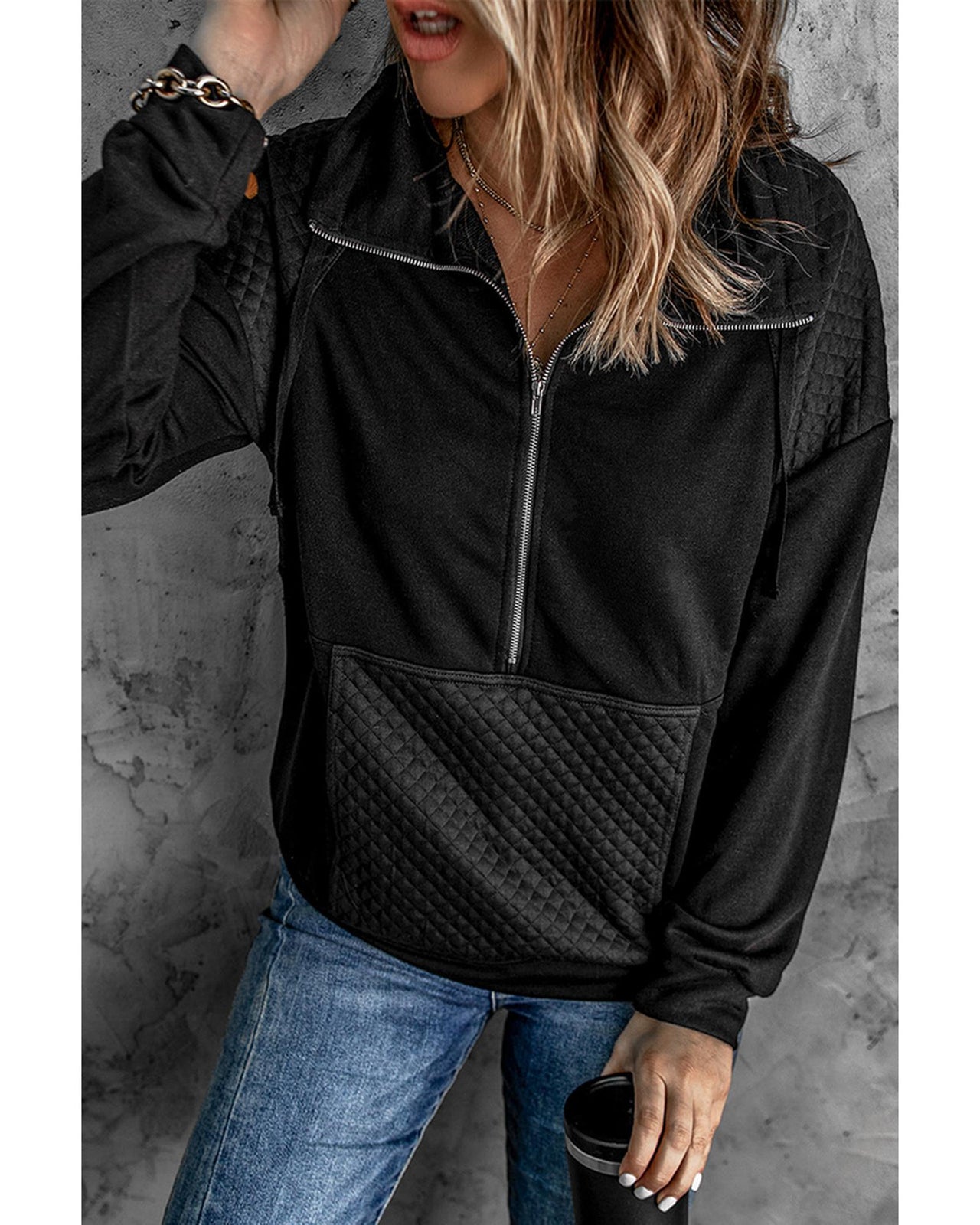 Azura Exchange Quilted Patch Half Zipper Sweatshirt - S