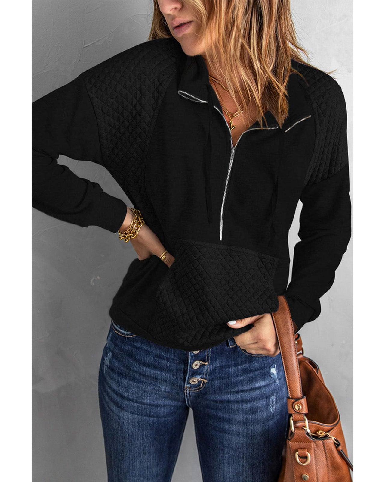 Azura Exchange Quilted Patch Half Zipper Sweatshirt - S