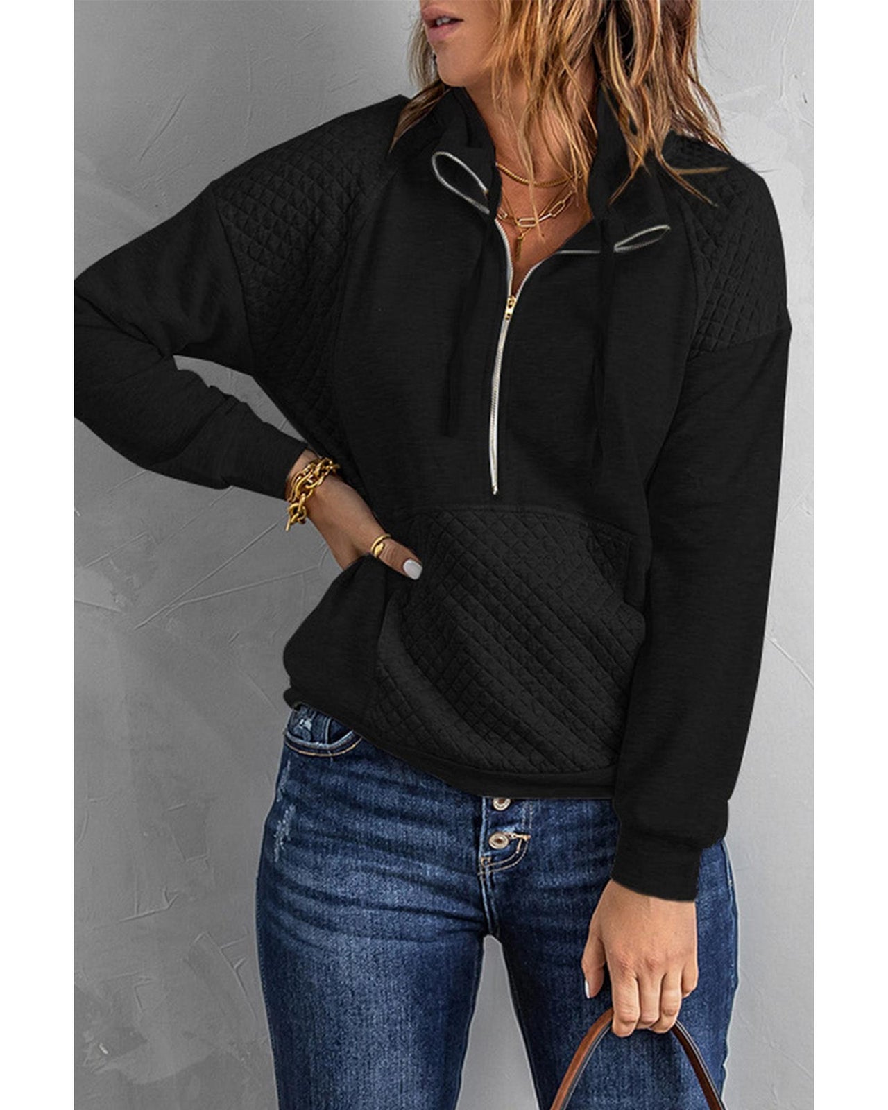 Azura Exchange Quilted Patch Half Zipper Sweatshirt - S