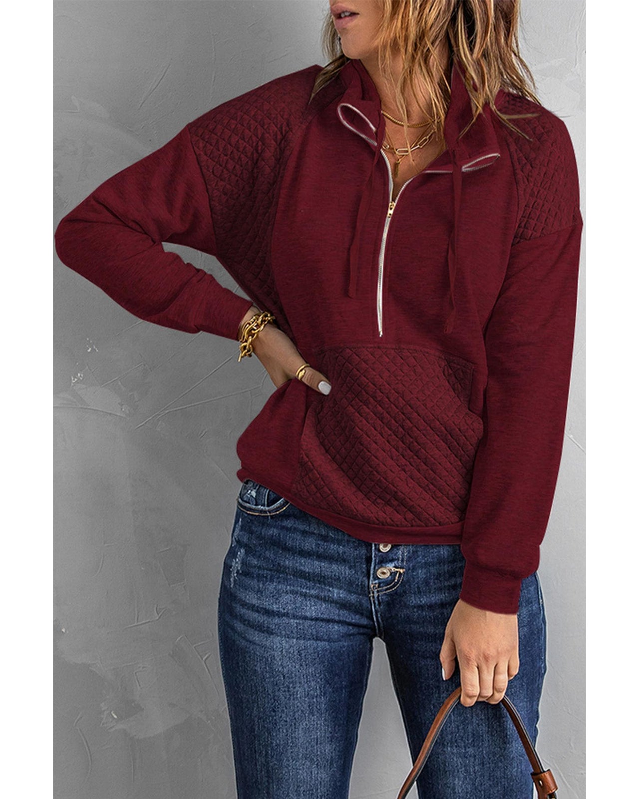 Azura Exchange Quilted Patch Half Zipper Sweatshirt - L