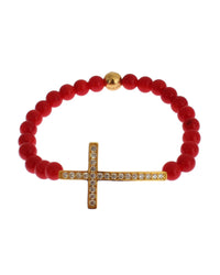 Thumbnail for Authentic NIALAYA Gold Plated Silver Bracelet with Red Coral Beads and CZ Diamond Cross S Women