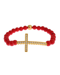 Thumbnail for Authentic NIALAYA Gold Plated Silver Bracelet with Red Coral Beads and CZ Diamond Cross S Women