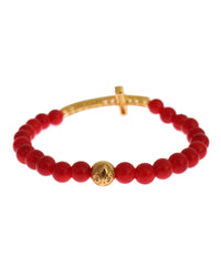 Thumbnail for Authentic NIALAYA Gold Plated Silver Bracelet with Red Coral Beads and CZ Diamond Cross S Women