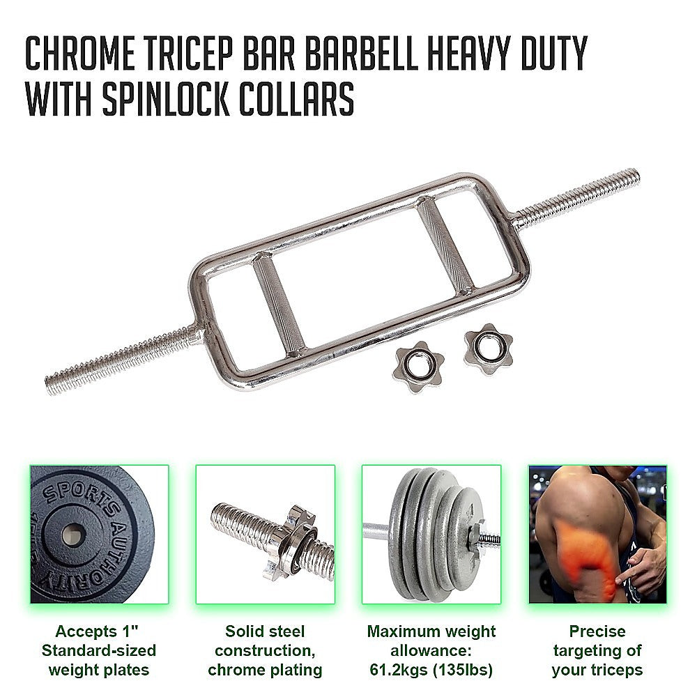 Chrome Tricep Bar Barbell Heavy Duty with Spinlock Collars