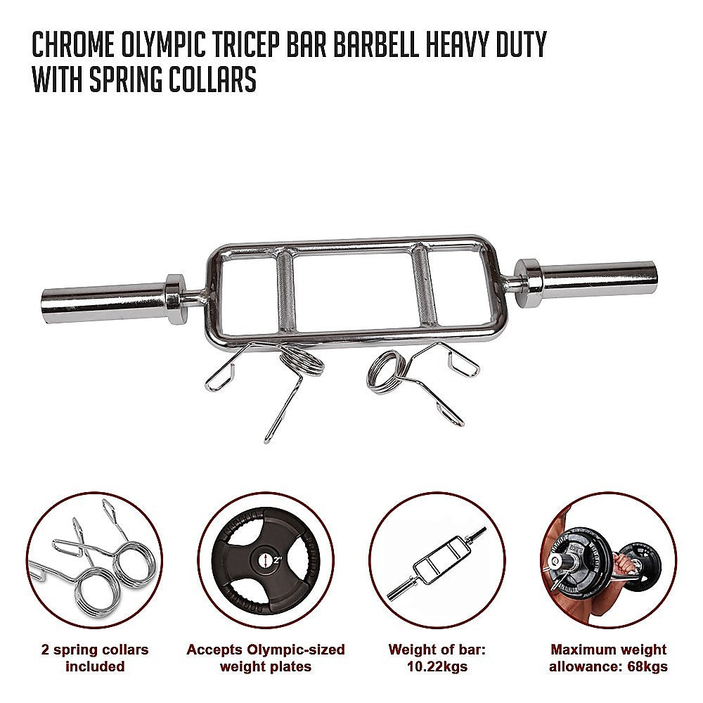 Chrome Olympic Tricep Bar Barbell Heavy Duty with Spring Collars