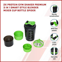 Thumbnail for 2x Protein Gym Shaker Premium 3 in 1 Smart Style Blender Mixer Cup Bottle Spider