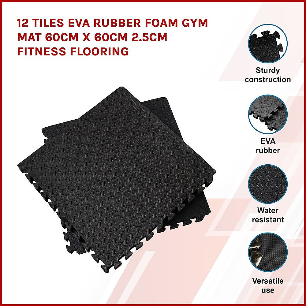 12 Tiles EVA Rubber Foam Gym Mat 60cm x 60cm 2.5cm Fitness Flooring