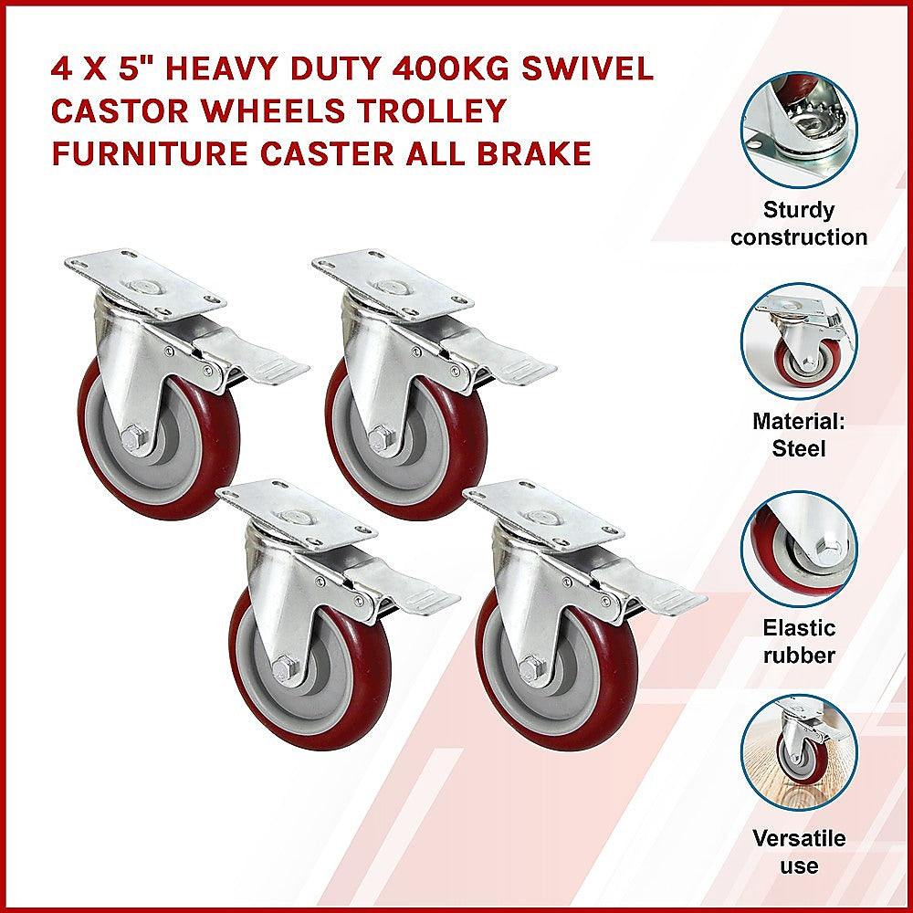 4 X 5" Heavy Duty 400kg Swivel Castor Wheels Trolley Furniture Caster All Brake