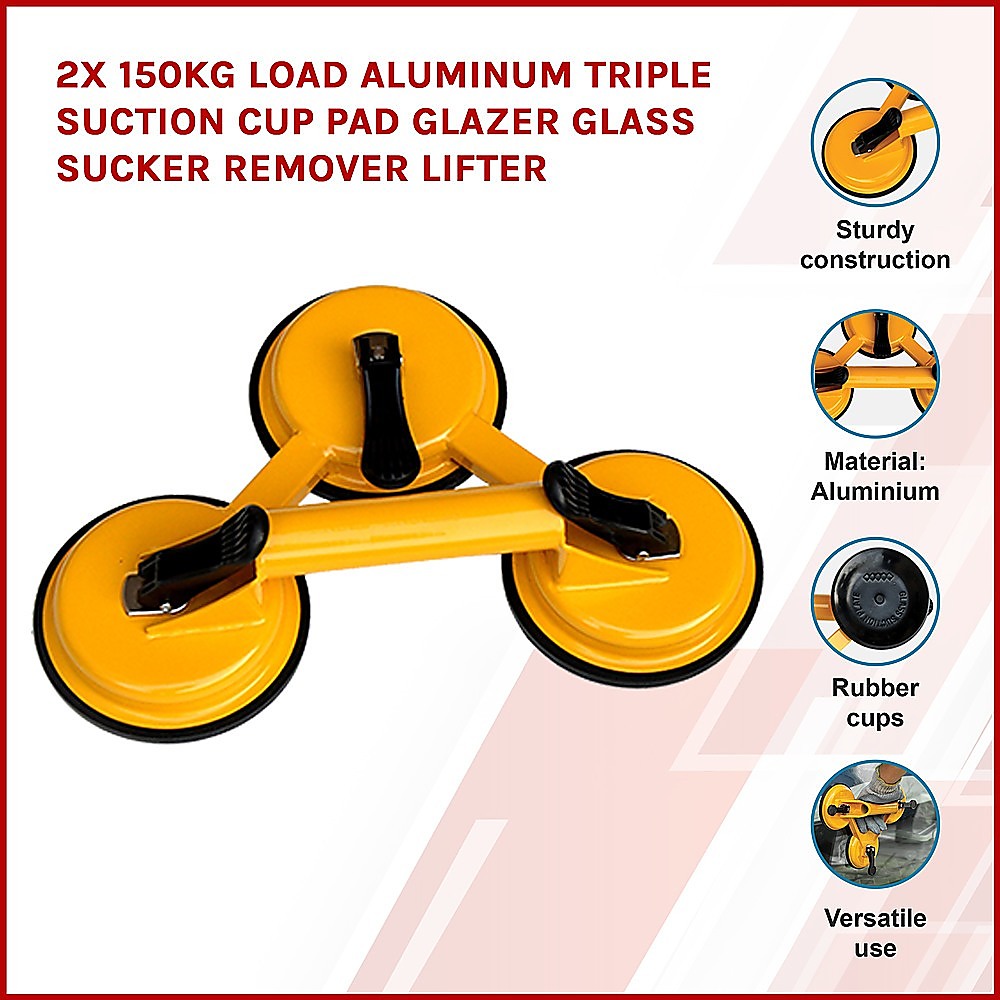 2x 150kg Load Aluminum Triple Suction Cup Pad Glazer Glass Sucker Remover Lifter