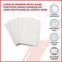 Thumbnail for 5 pack of 20x30cm Artist Blank Stretched Canvas Canvases Art Large White Range Oil Acrylic Wood