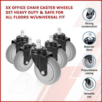 Thumbnail for 5x Office Chair Caster Wheels Set Heavy Duty & Safe for All Floors w/Universal Fit